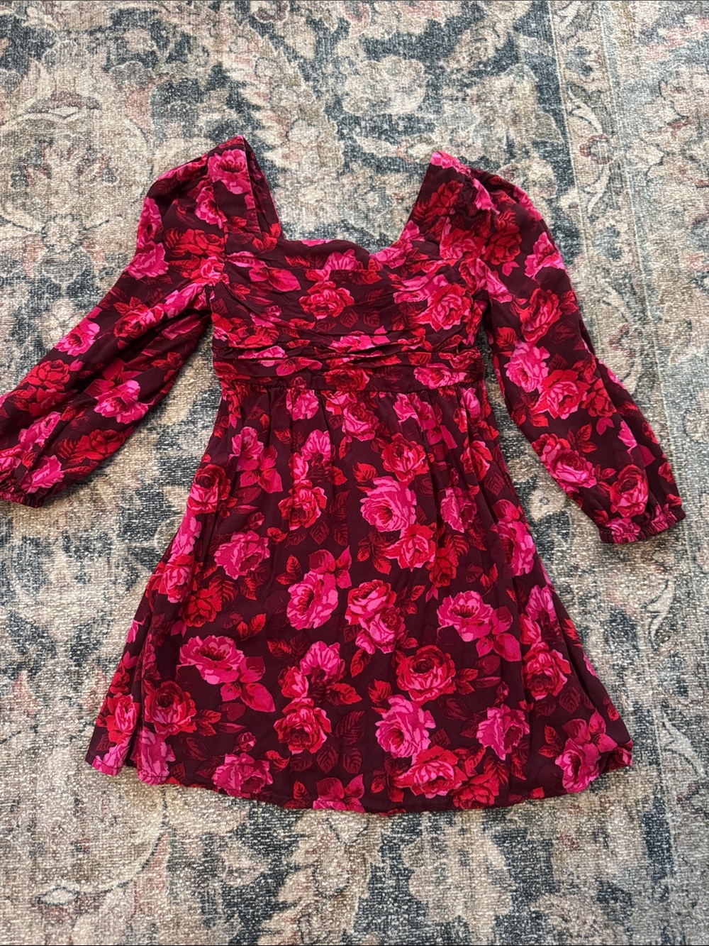 GAP Burgundy Dress with Bright Pink Floral Pattern